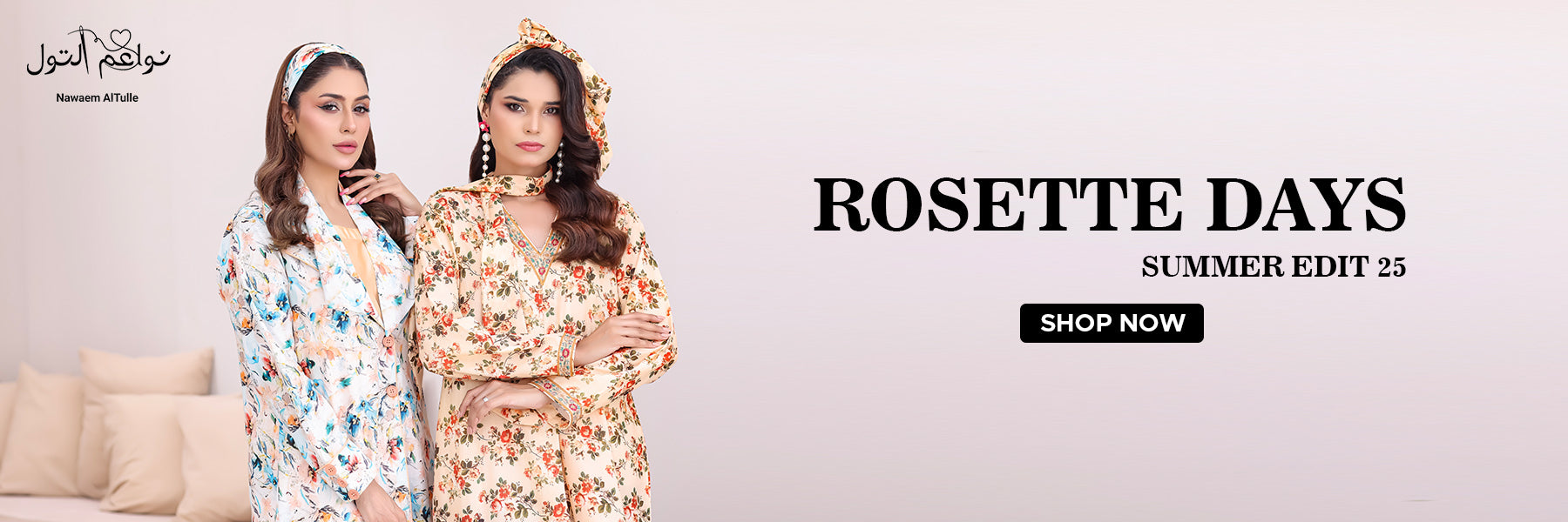 Two women in floral outfits with 'Rossette Days' branding and promotional text on a light background.