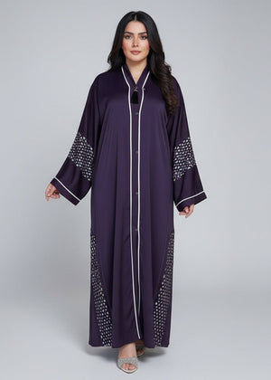 Abaya Dark Purple with white detailing - Nawaem Altulle