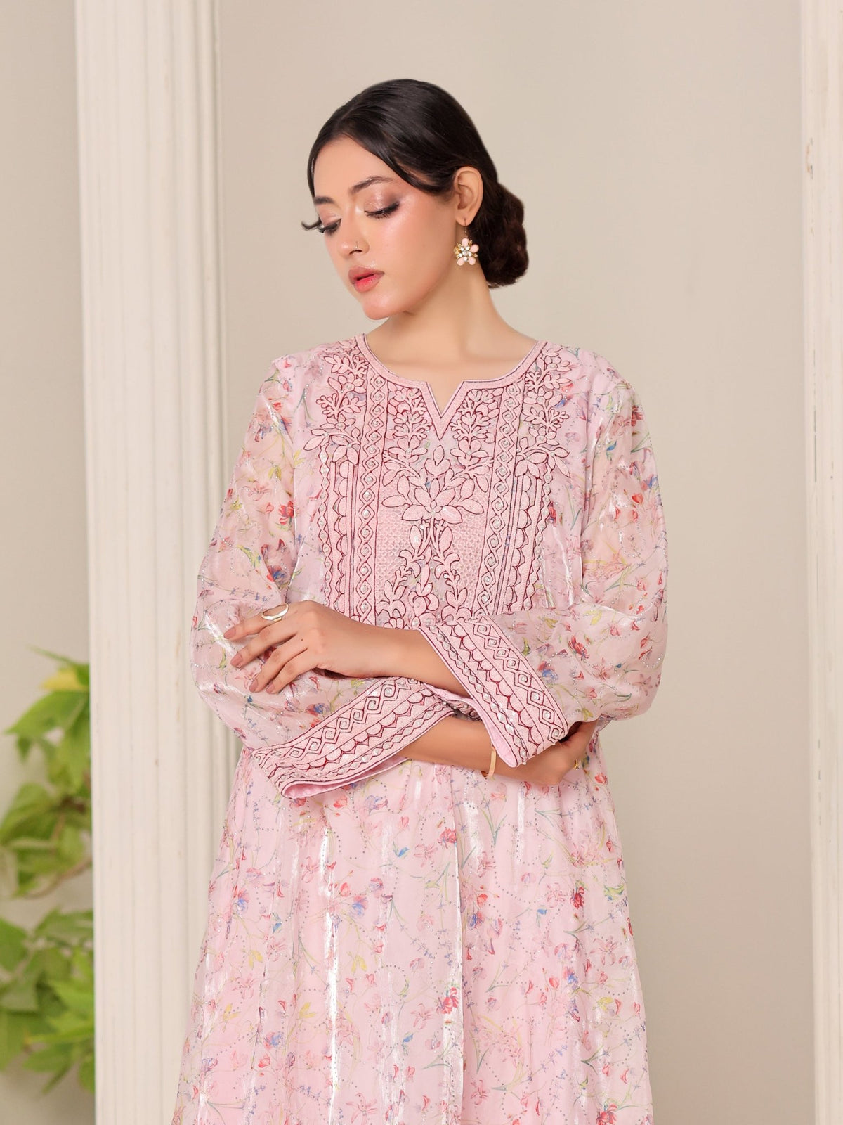 Blush Reverie pink floral organza dress with hand embroidery