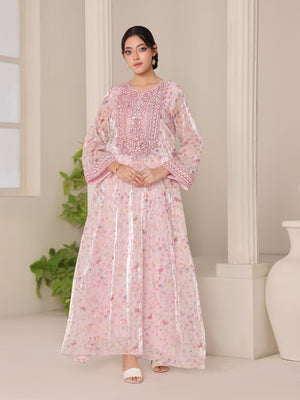 Blush Reverie pink floral organza dress with hand embroidery