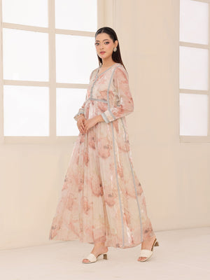 Blush marble-print organza fabric close-up