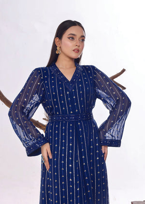 Blue Chiffon Sequins Embellished Dress with a fitted belt - Nawaem Altulle