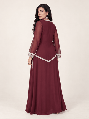 Burgundy Celeste Pearl & Crystal Chiffon Kaftan - Nawaem Altulle
