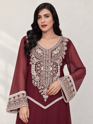 Burgundy Celeste Pearl & Crystal Chiffon Kaftan - Nawaem Altulle