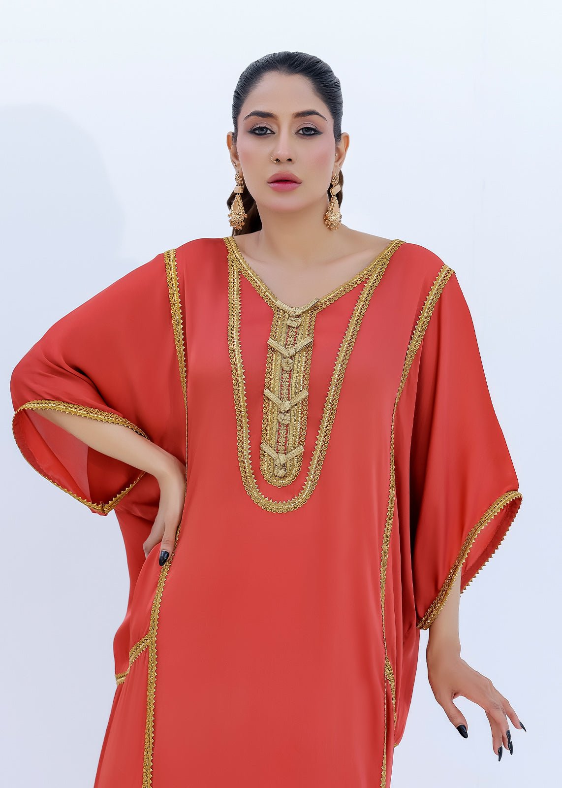 Coral Satin Silk Dress with Gold Laces Embellishments