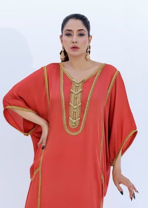 Coral Satin Silk Dress with Gold Laces Embellishments