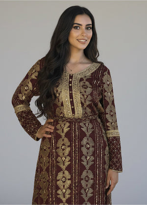 Gold & Maroon Hand Embellished Dress - Nawaem Altulle