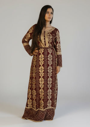 Gold & Maroon Hand Embellished Dress - Nawaem Altulle