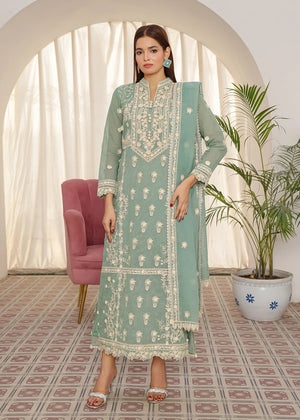 Hassnah Silk Floss Embroidered Green Organza Dress - Nawaem Altulle