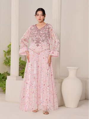 Rose Opaline pink floral organza dress with hand-embroidered bodice