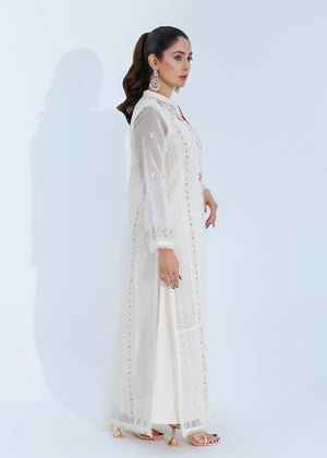 Luxe Silk-Lined Off-White Net Dress with Front Open Design