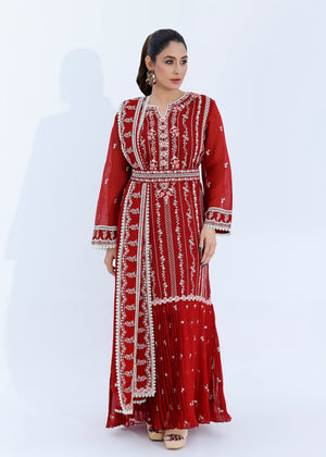 Luxurious Red Net Dress with Silk Lining: Elegant, Refined and Flowing - Nawaem Altulle