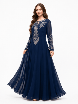 Navy Royale navy-blue chiffon dress with silver zari embroidery