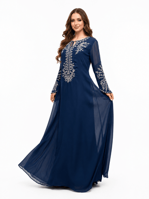 Silver zari embroidery on navy chiffon bodice