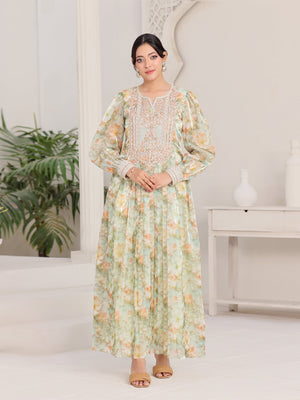 Celadon Bloom light-green floral organza dress with hand-embroidered bodice