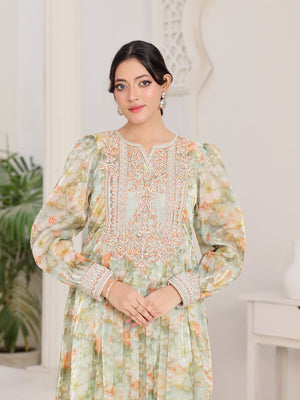 Celadon Bloom light-green floral organza dress with hand-embroidered bodice