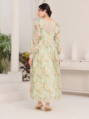 Celadon Bloom light-green floral organza dress with hand-embroidered bodice