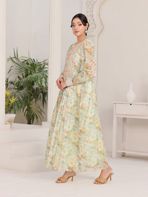 Celadon Bloom light-green floral organza dress with hand-embroidered bodice