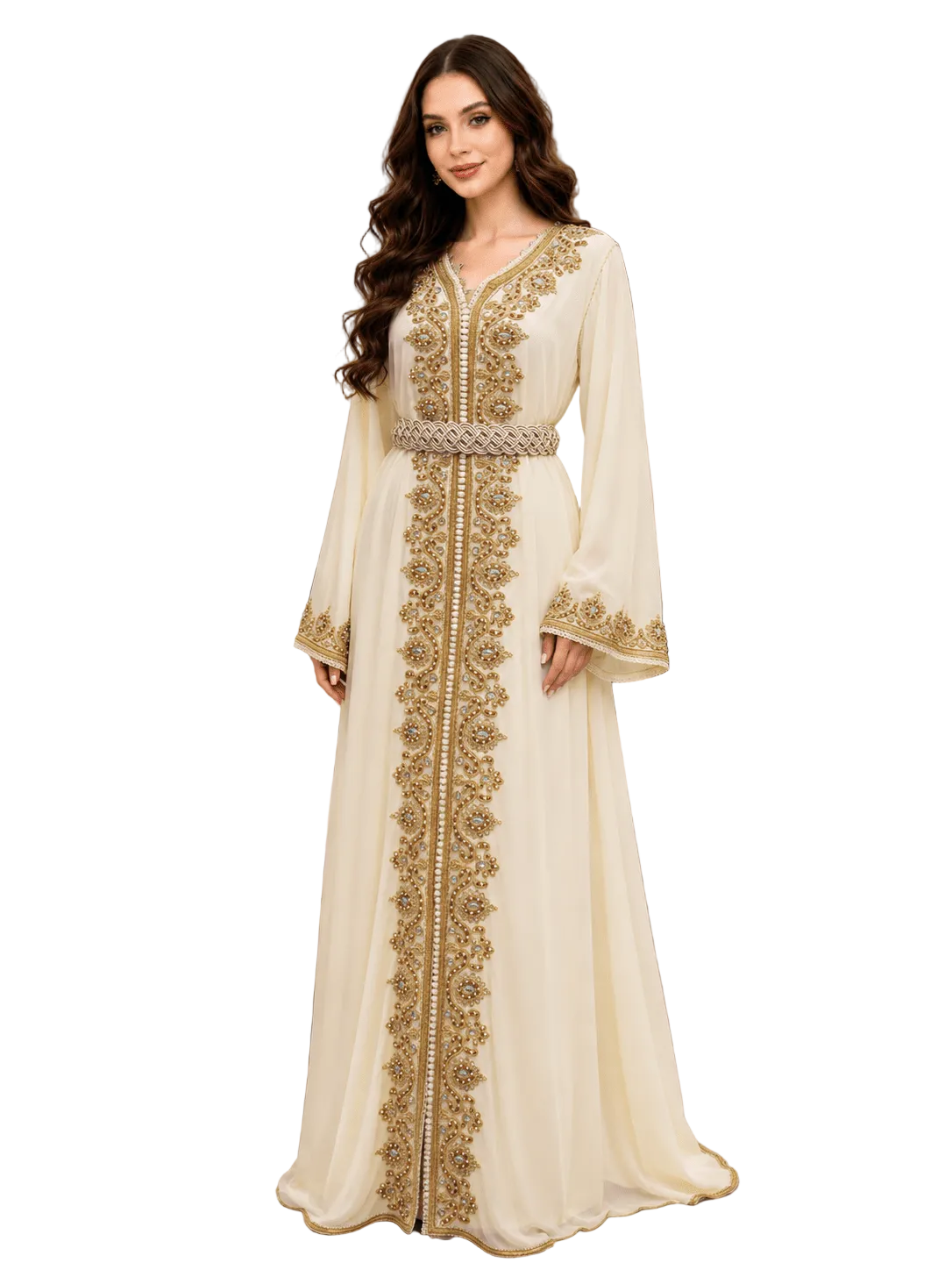 Ivory Regalia off-white Moroccan chiffon kaftan with gold embroidery