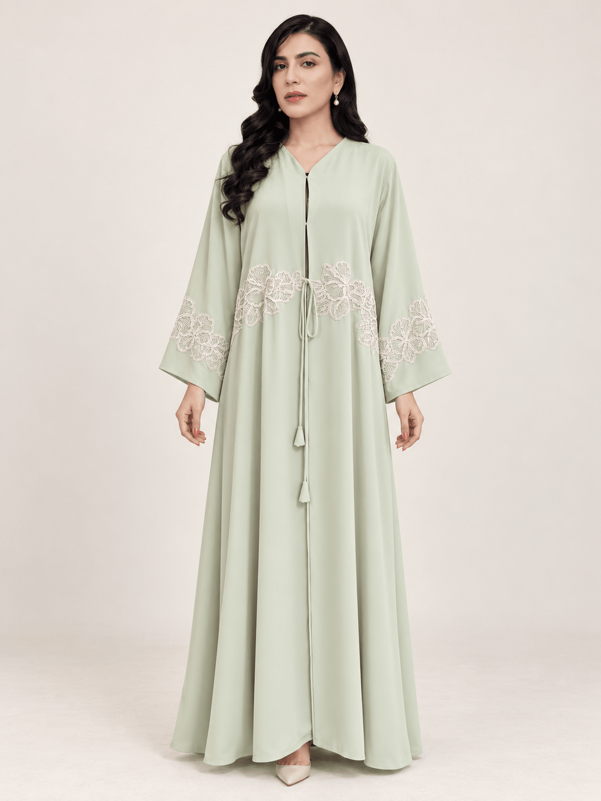 Pale Mint Floral Dantel Nida Abaya - Nawaem Altulle