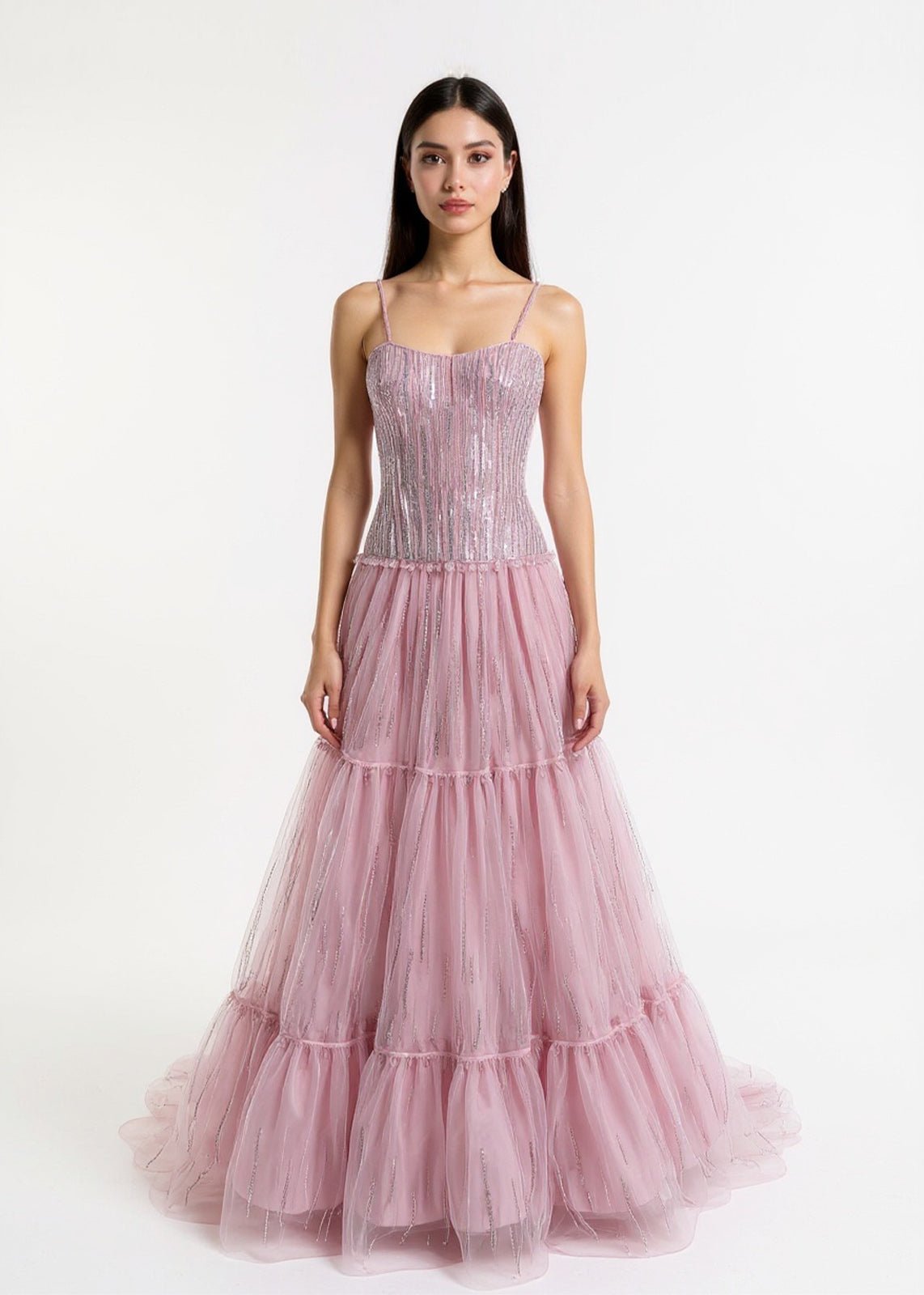 pink swarovski dress Ruffle Bardot Crystal Sequin Maxi Dress Pink