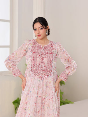 Petal Whisper pink floral organza dress with embroidered bodice and puffed sleeves