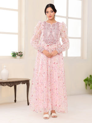Petal Whisper pink floral organza dress with embroidered bodice and puffed sleeves