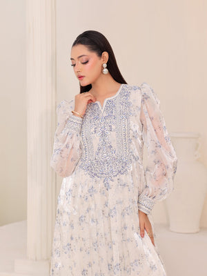 Moonlit Flora ivory organza dress with blue floral print and hand embroidery