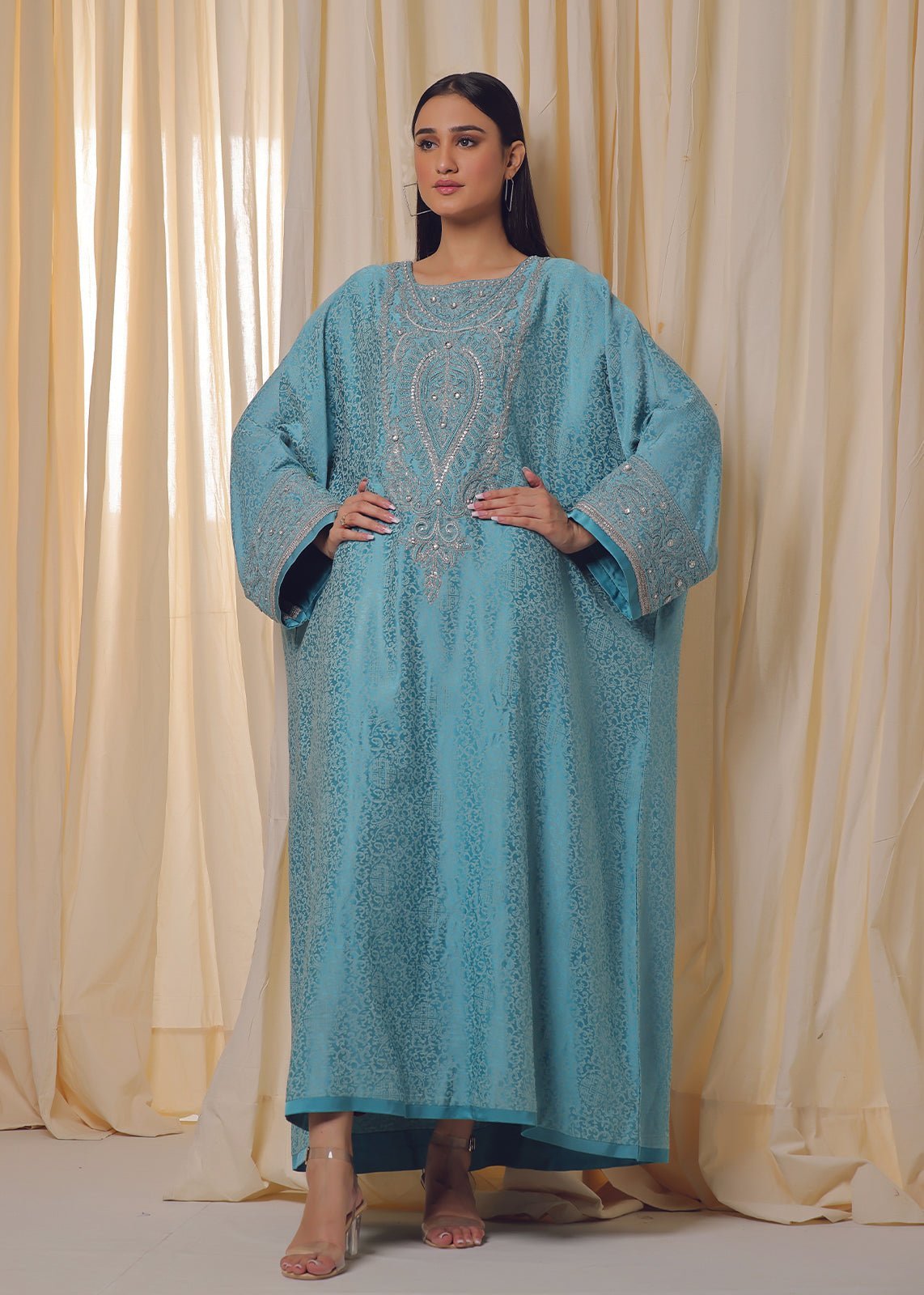 Self Embroidered Jamawar Dress - Nawaem Altulle