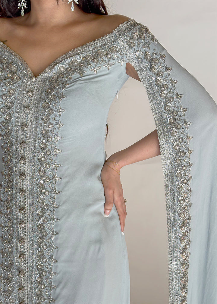 Ashoka sky blue crepe dress with silver sequins embroidery