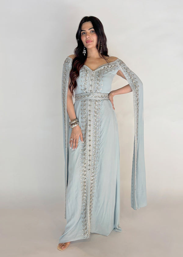 Ashoka sky blue crepe dress with silver sequins embroidery