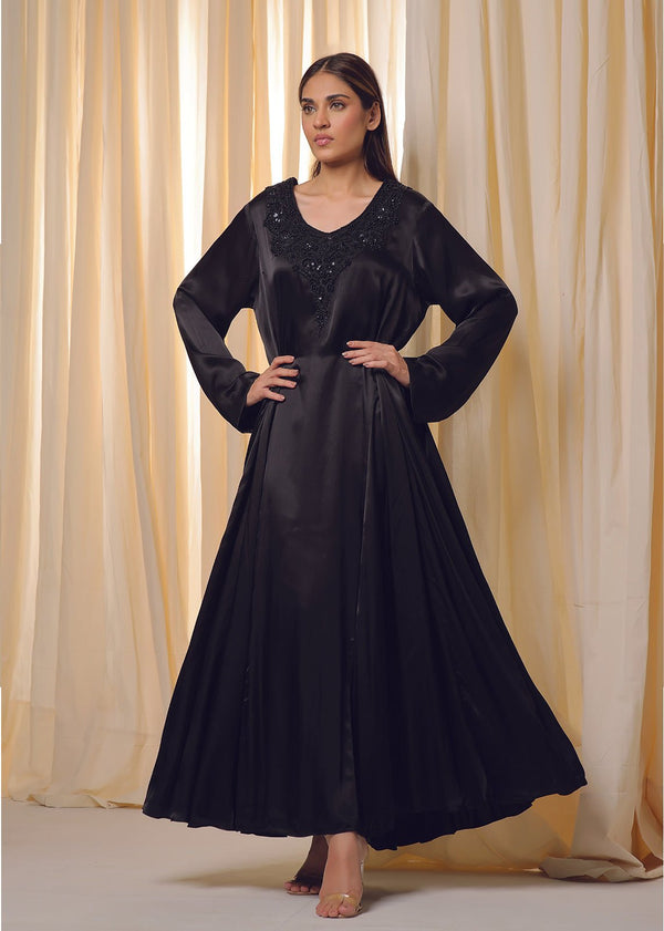Black Satin Silk Dress - Nawaem Altulle