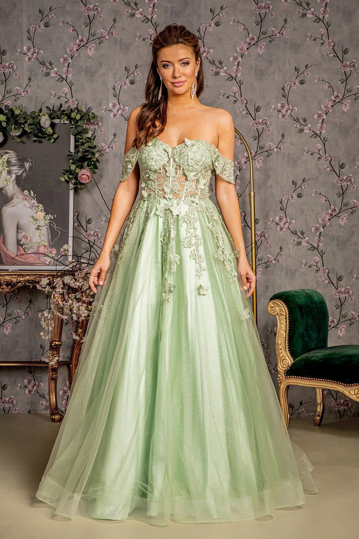 3 - D Butterfly Bead Sheer Bodice Mesh A - line Long Dress - Nawaem Altulle