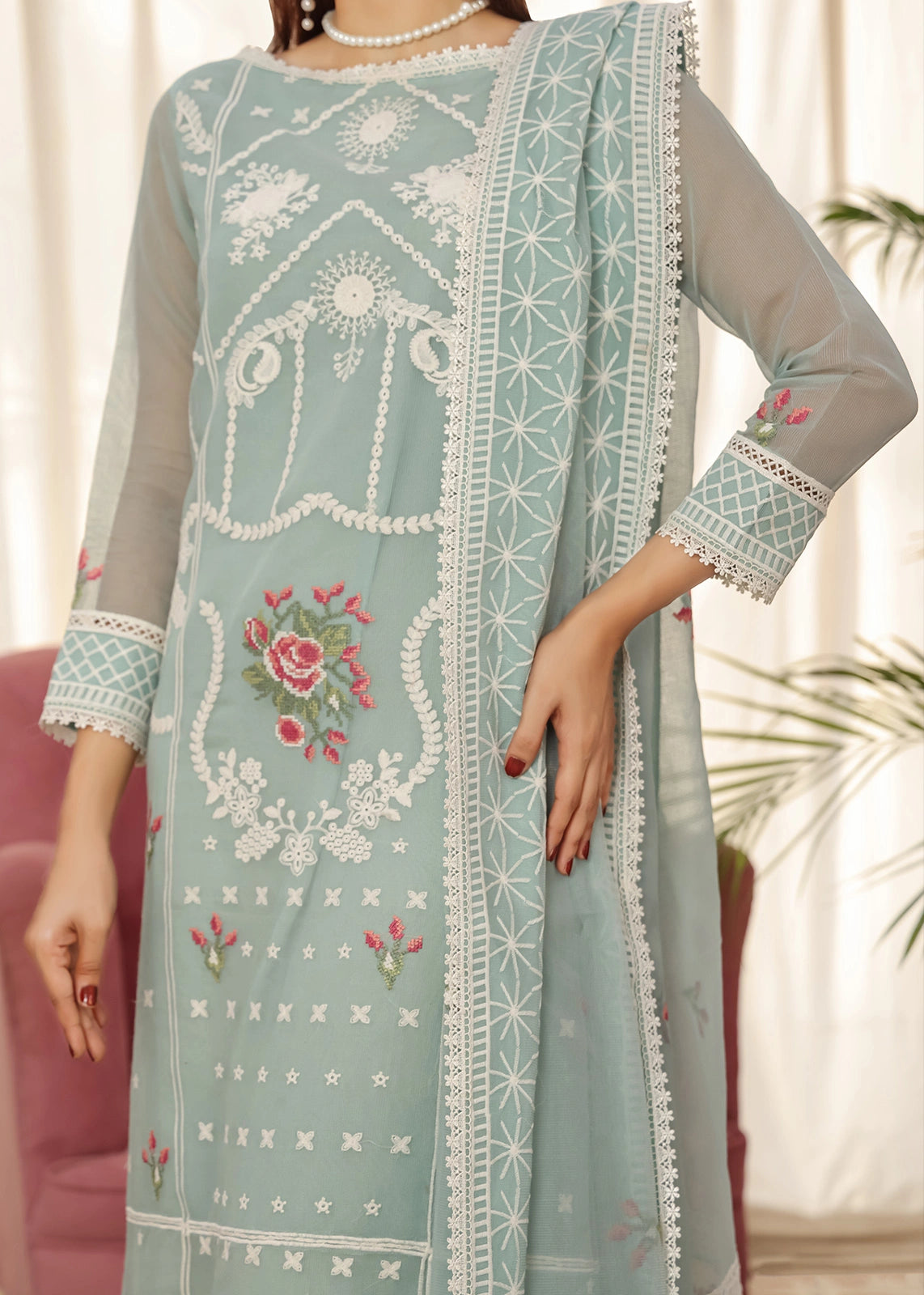 multicoloured silk floss embroidery dress