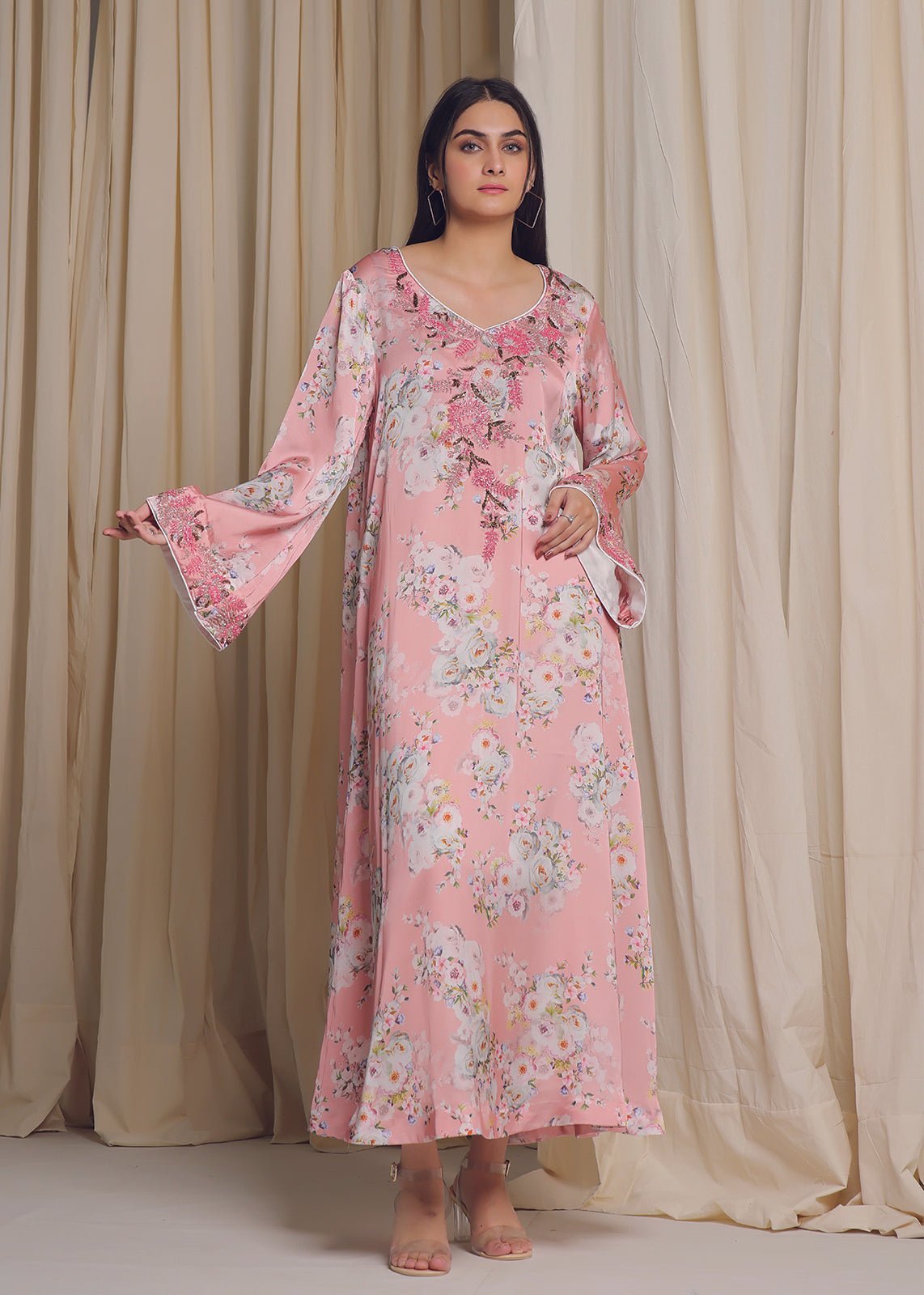 Pink Floral Satin Silk Dress