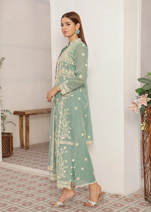 Hassnah Silk Floss Embroidered Green Organza Dress - Nawaem Altulle