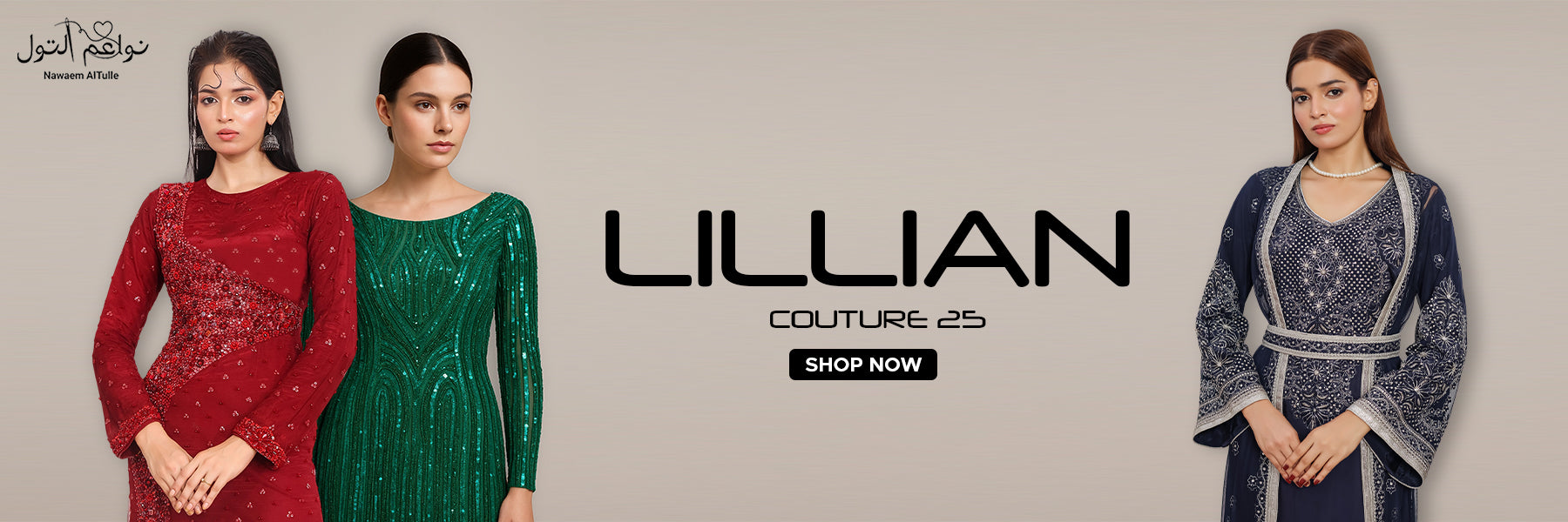 Three women wearing dresses from Lillian Couture 25 with the brand name displayed.
