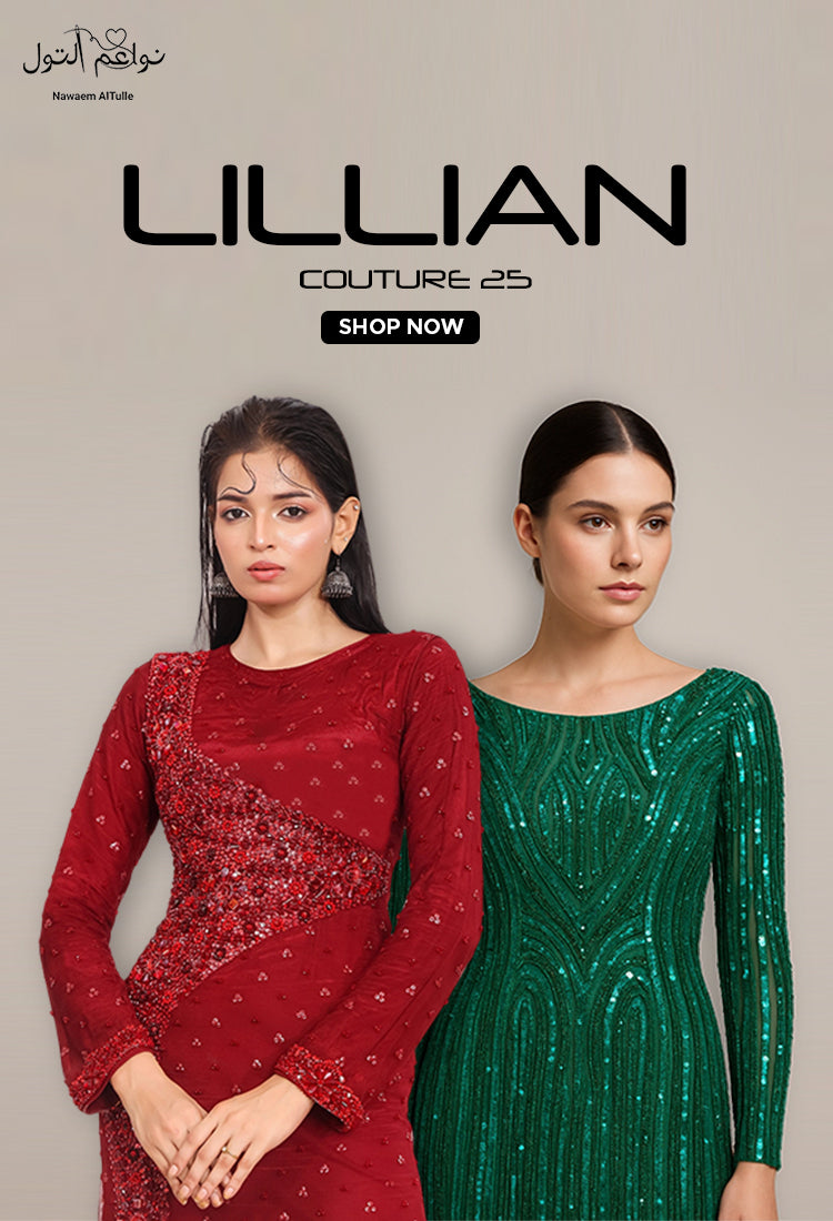 Two women wearing red and green sequin dresses with 'Lillian Couture 25' branding.
