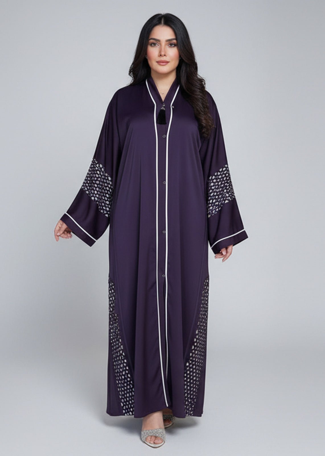 Abaya Dark Purple with white detailing - Nawaem Altulle