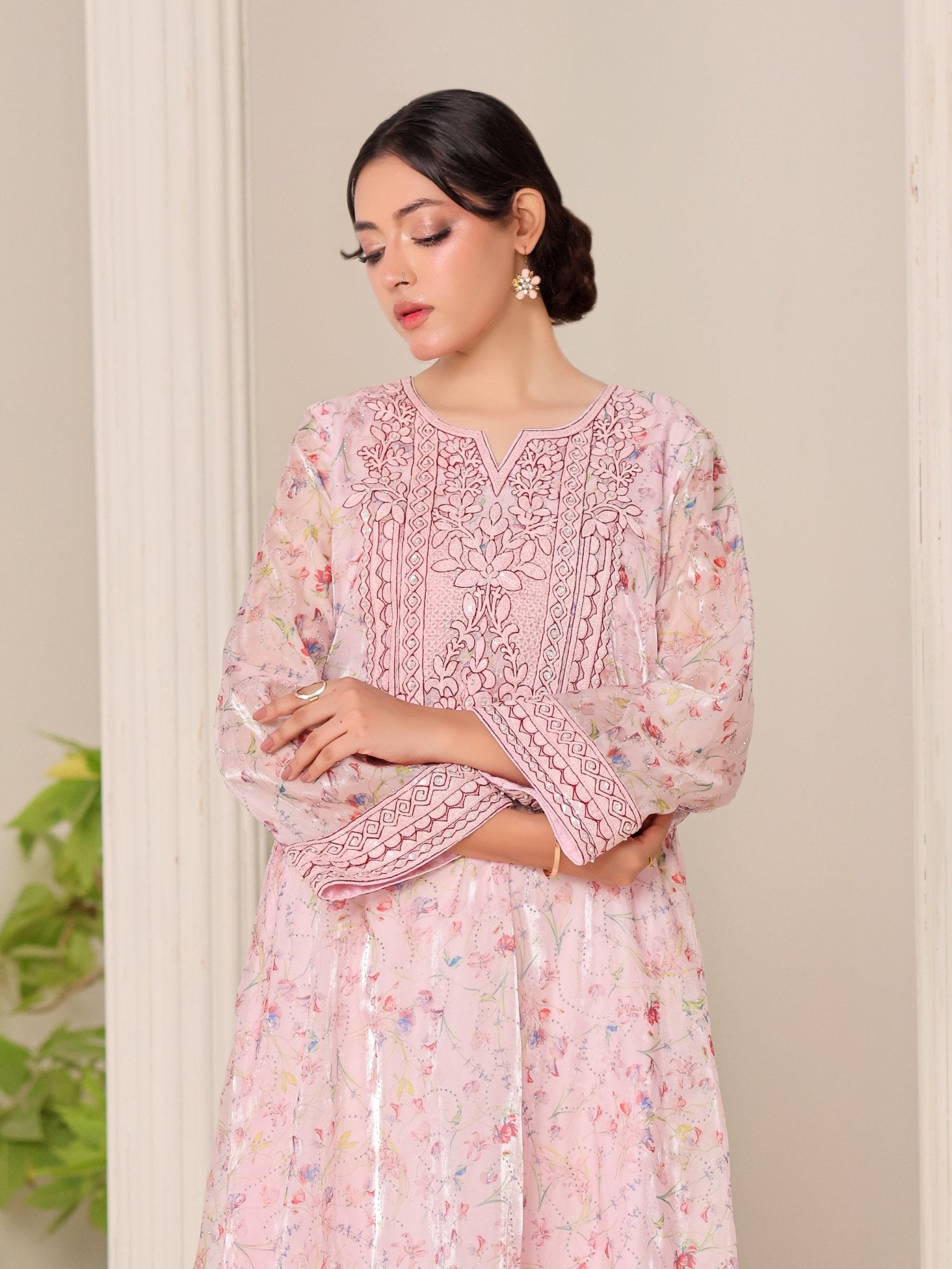 Blush Reverie pink floral organza dress with hand embroidery