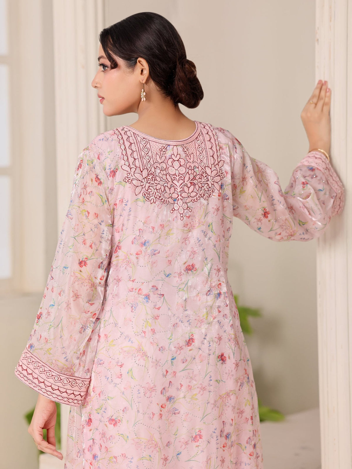 Blush Reverie pink floral organza dress with hand embroidery