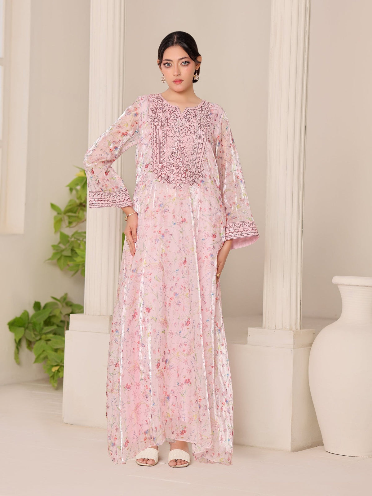 Blush Reverie pink floral organza dress with hand embroidery