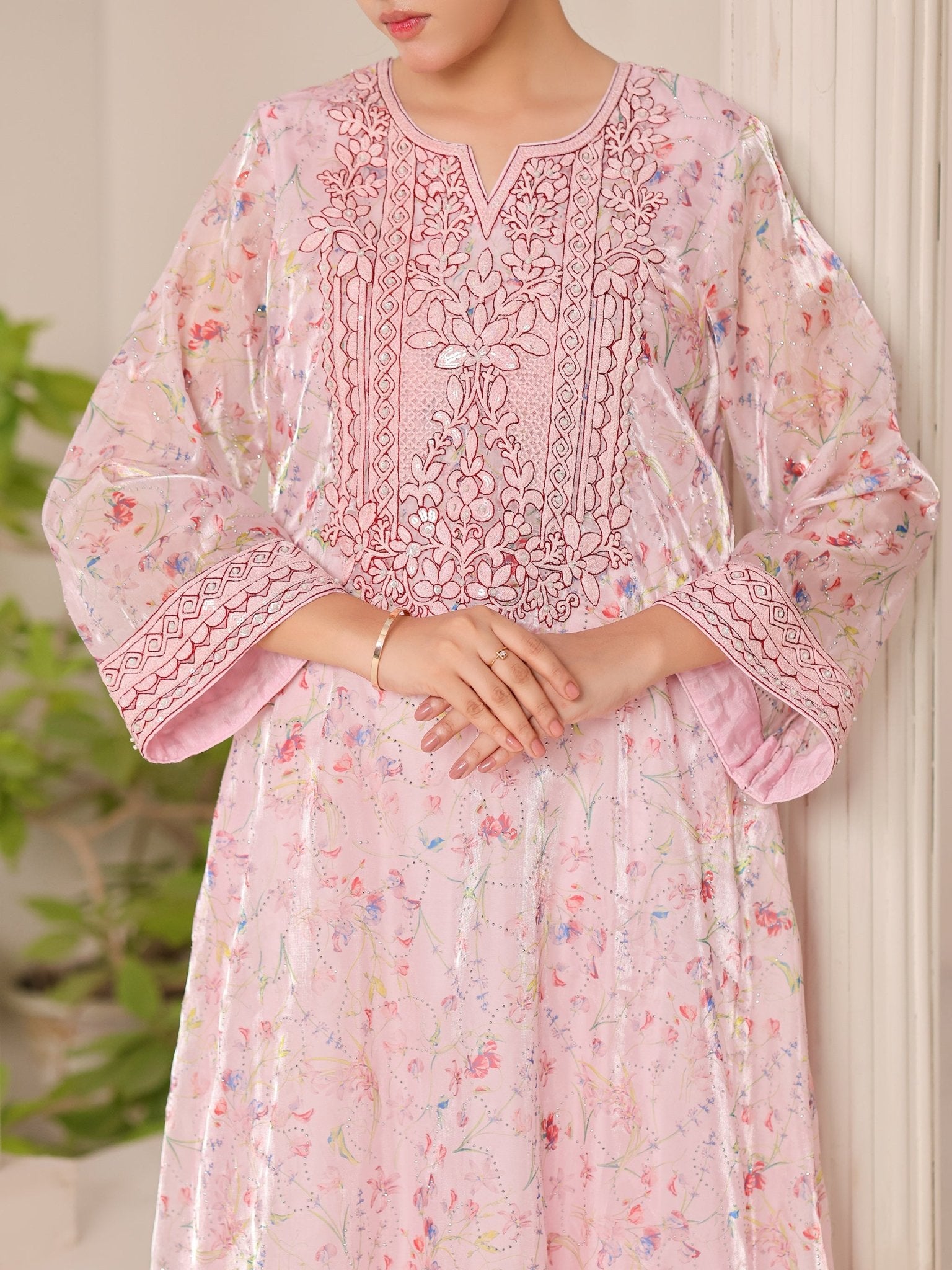 Blush Reverie pink floral organza dress with hand embroidery