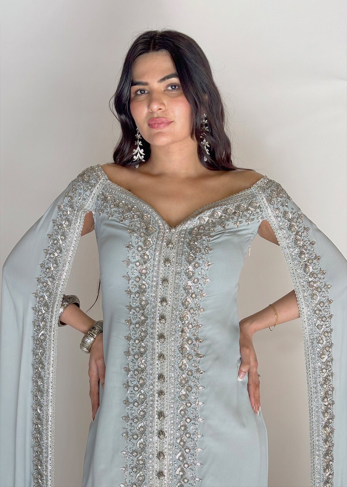 Ashoka sky blue crepe dress with silver sequins embroidery