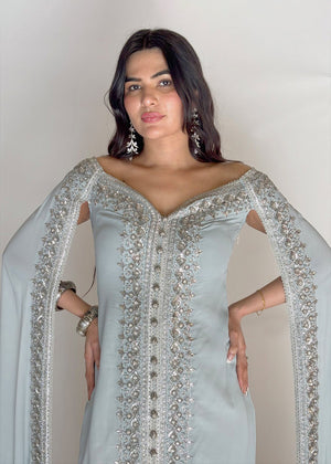 Ashoka sky blue crepe dress with silver sequins embroidery