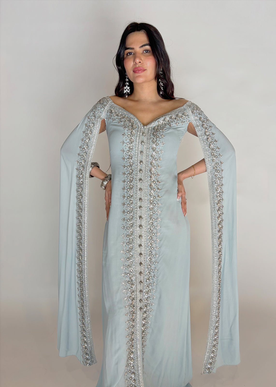 Ashoka sky blue crepe dress with silver sequins embroidery