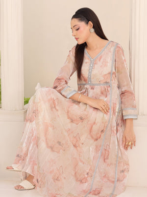 Flowing pleated back of blush organza dress