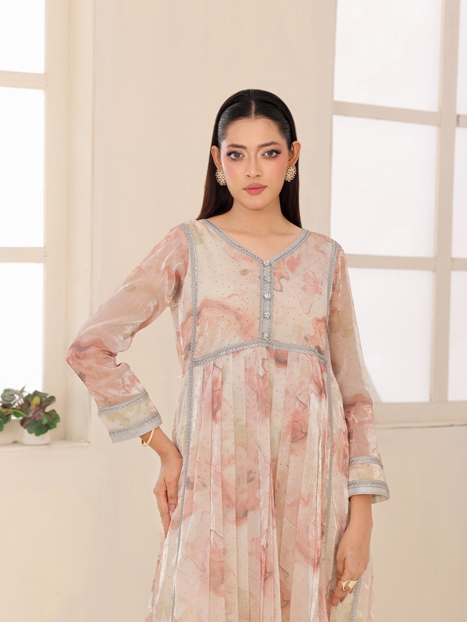 Blush Alabaster marble-print organza dress with silver sequin trim