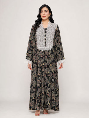 Black Botanical Cotton Mukhawara with Dantel & Pearls - Nawaem Altulle