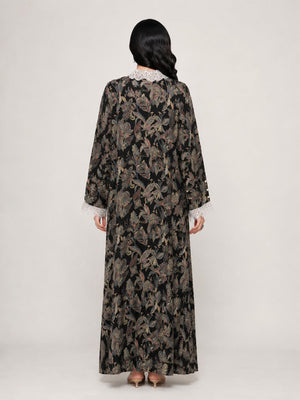 Black Botanical Cotton Mukhawara with Dantel & Pearls - Nawaem Altulle
